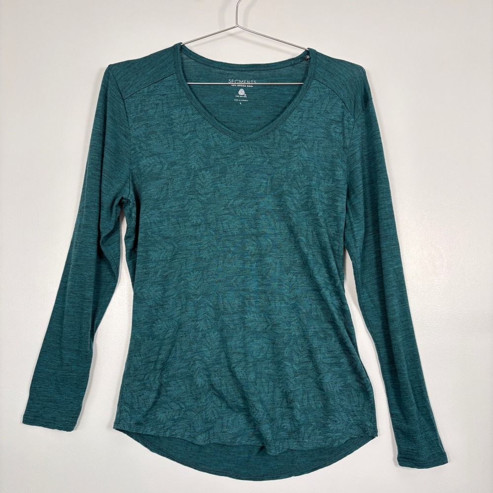 Segments Women Top L Teal 100% Merino Wool Long Sleeve V-Neck Leaf Pattern Base
